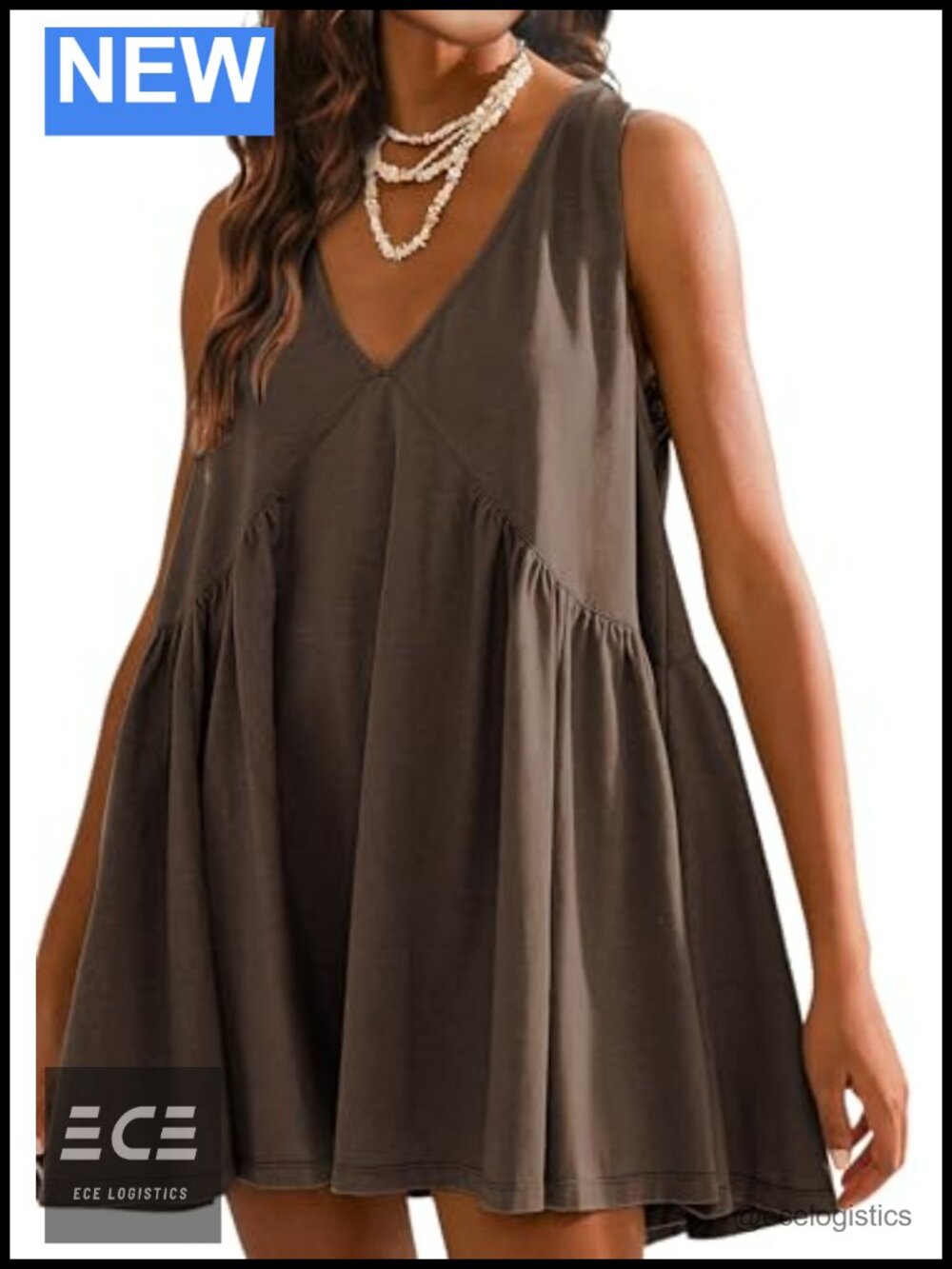 Sleeveless Mini Dress V Neck Babydoll Sundress with Pockets